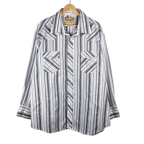 Wrangler VTG Mens Shirt 2XL White Gray Striped Pearl Snap Western Cowboy Rodeo - Picture 1 of 6